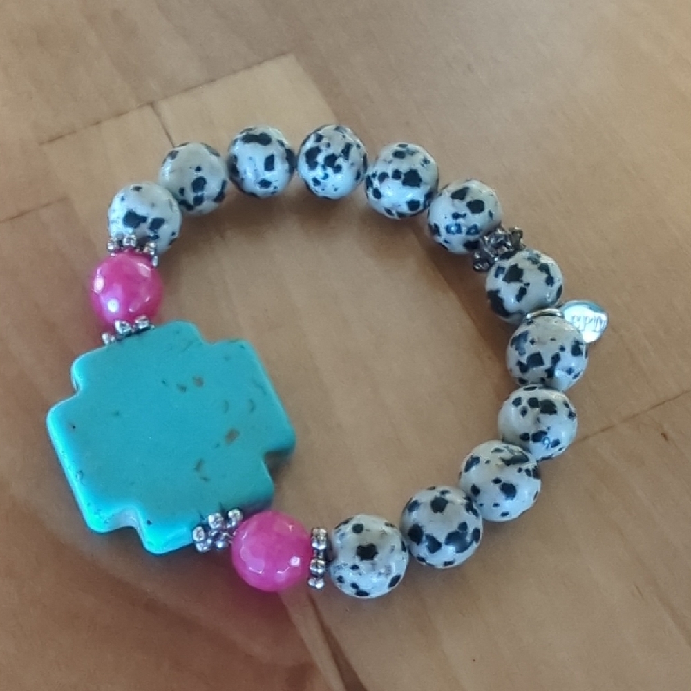 Betsy Pittard Cross Turquoise, Dalmation Jasper & Pink Spinel Stone Braclet